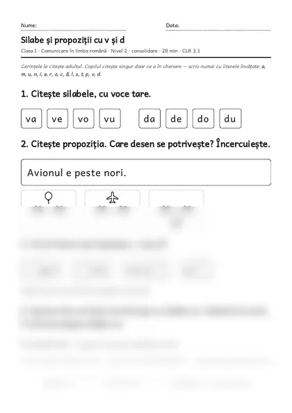 Prima pagină a fișei „Silabe și propoziții cu v și d”, clasa I, nivelul 2