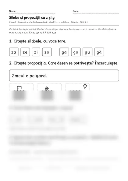 Prima pagină a fișei „Silabe și propoziții cu z și g”, clasa I, nivelul 2