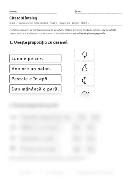 Prima pagină a fișei „Citesc și înțeleg”, clasa I, nivelul 1