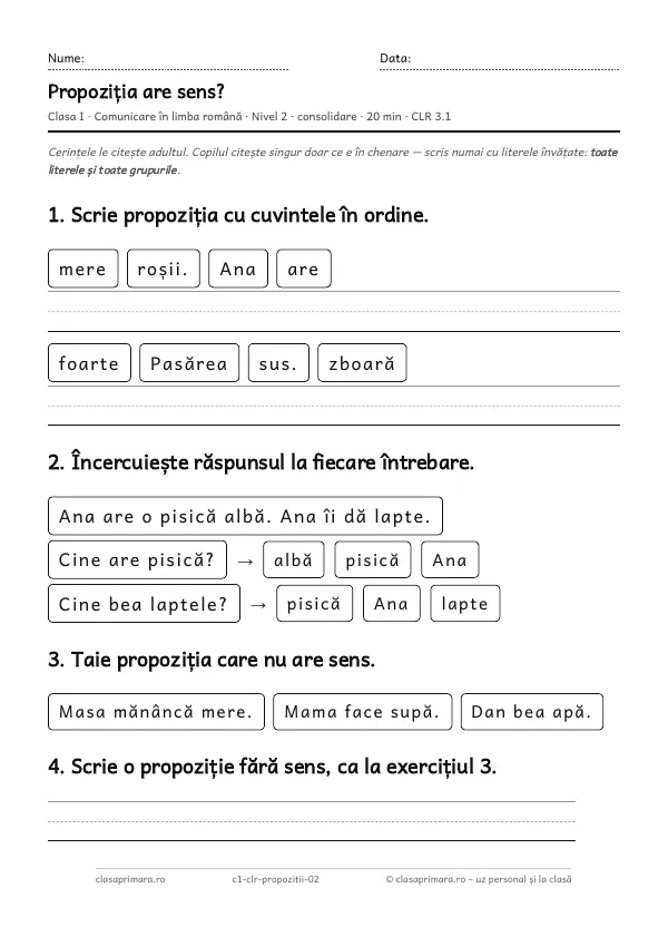 Prima pagină a fișei „Propoziția are sens?”, clasa I, nivelul 2