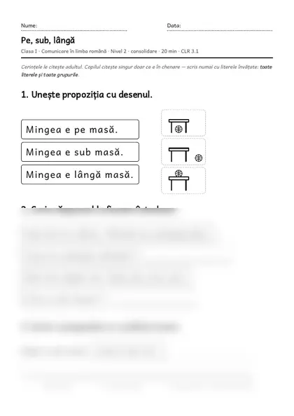 Prima pagină a fișei „Pe, sub, lângă”, clasa I, nivelul 2