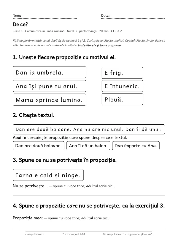 Prima pagină a fișei „De ce?”, clasa I, nivelul 3