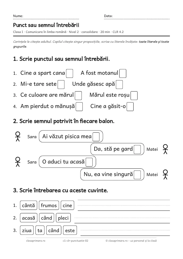 Prima pagină a fișei „Punct sau semnul întrebării”, clasa I, nivelul 2