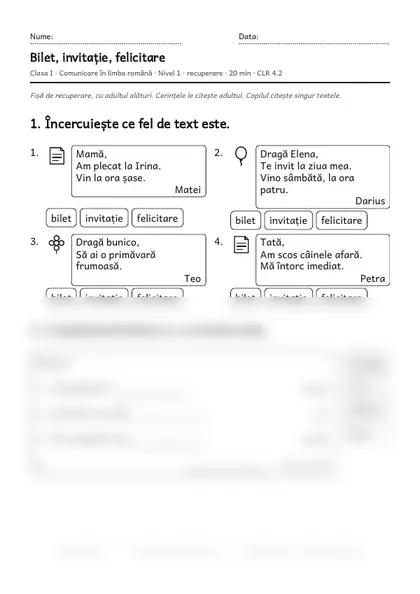 Prima pagină a fișei „Bilet, invitație, felicitare”, clasa I, nivelul 1