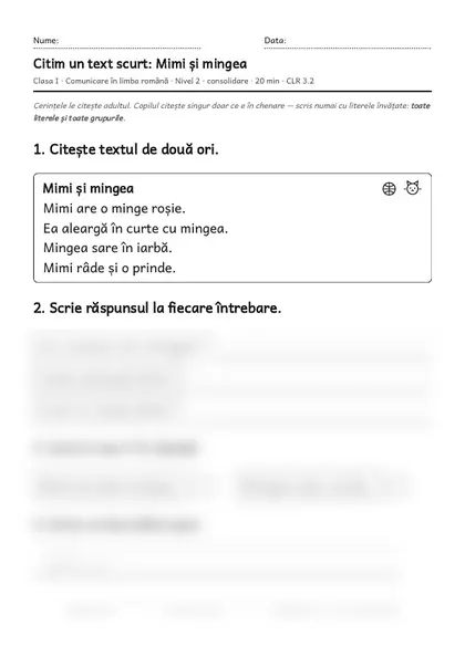 Prima pagină a fișei „Citim un text scurt: Mimi și mingea”, clasa I, nivelul 2