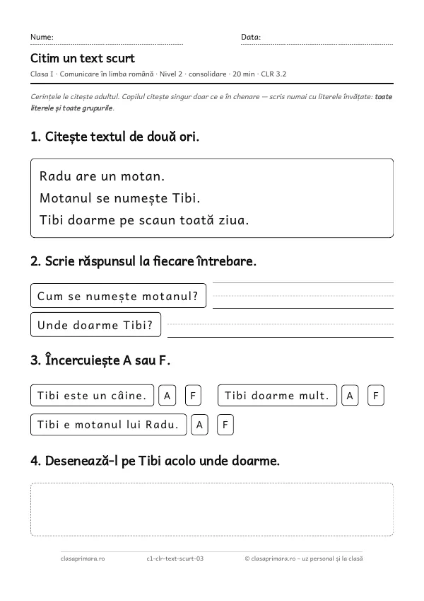 Prima pagină a fișei „Citim un text scurt”, clasa I, nivelul 2