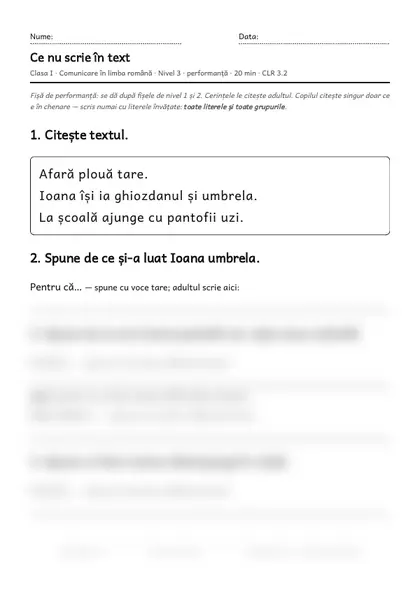 Prima pagină a fișei „Ce nu scrie în text”, clasa I, nivelul 3