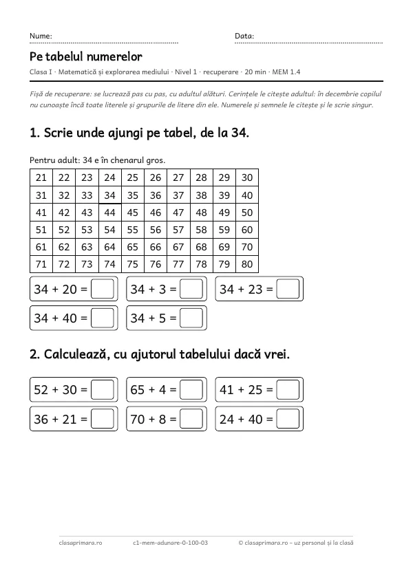 Prima pagină a fișei „Pe tabelul numerelor”, clasa I, nivelul 1