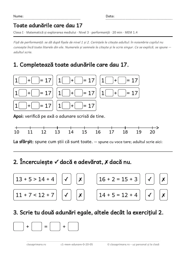 Prima pagină a fișei „Toate adunările care dau 17”, clasa I, nivelul 3
