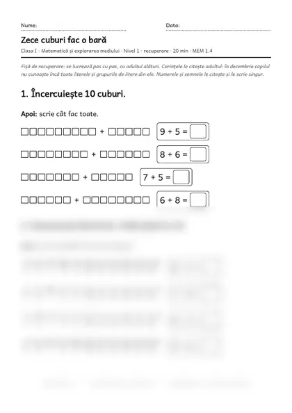 Prima pagină a fișei „Zece cuburi fac o bară”, clasa I, nivelul 1