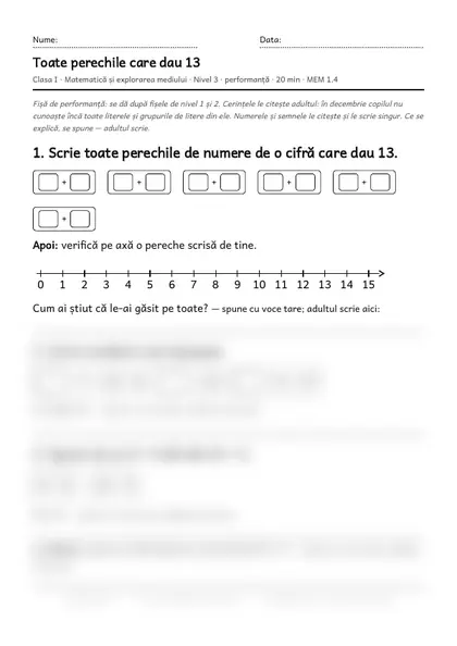 Prima pagină a fișei „Toate perechile care dau 13”, clasa I, nivelul 3