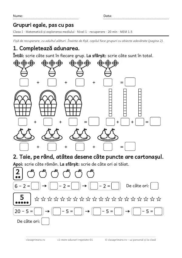 Prima pagină a fișei „Grupuri egale, pas cu pas”, clasa I, nivelul 1