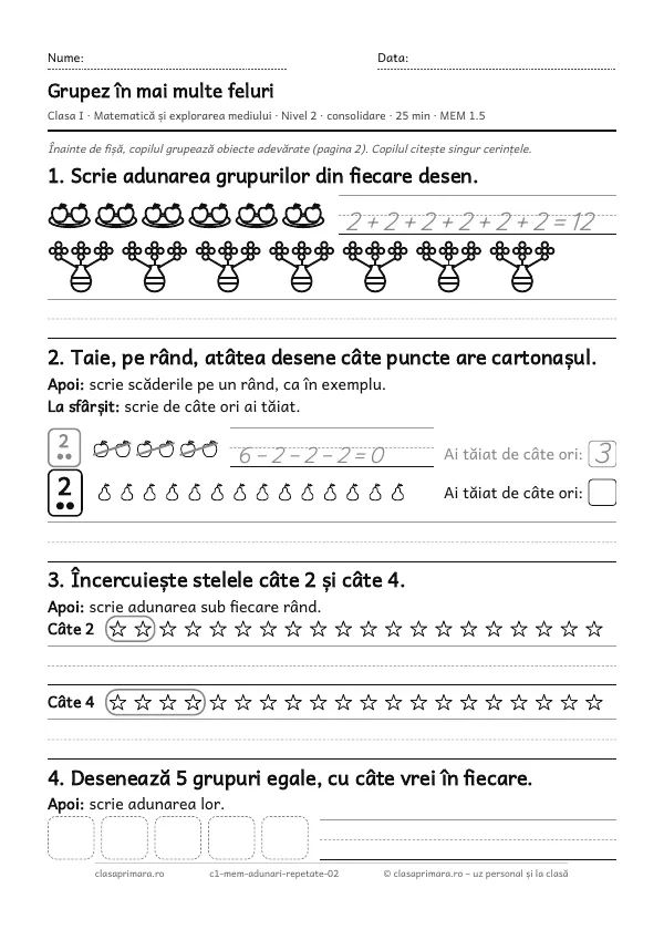 Prima pagină a fișei „Grupez în mai multe feluri”, clasa I, nivelul 2