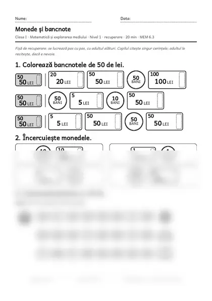 Prima pagină a fișei „Monede și bancnote”, clasa I, nivelul 1