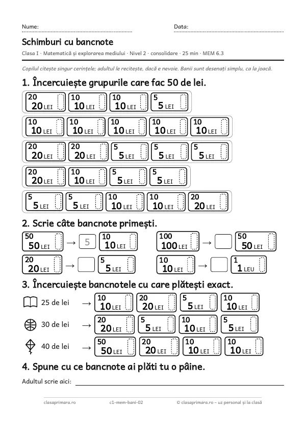 Prima pagină a fișei „Schimburi cu bancnote”, clasa I, nivelul 2