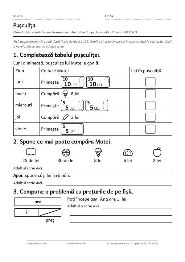 Prima pagină a fișei „Pușculița”, clasa I, nivelul 3