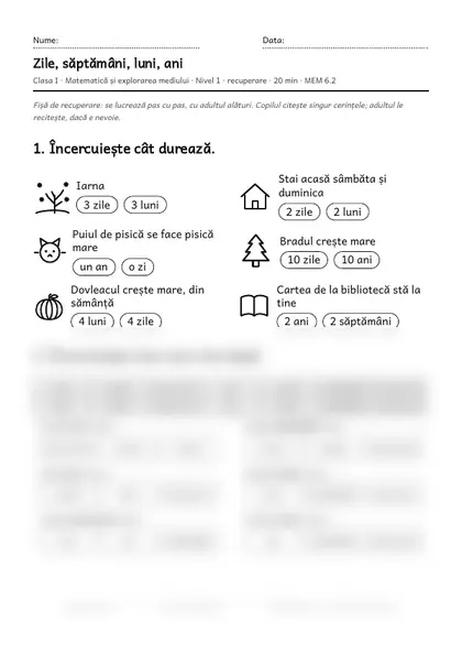Prima pagină a fișei „Zile, săptămâni, luni, ani”, clasa I, nivelul 1