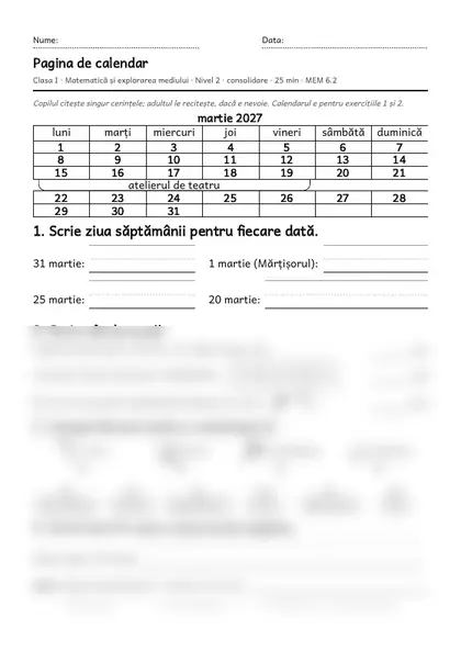 Prima pagină a fișei „Pagina de calendar”, clasa I, nivelul 2
