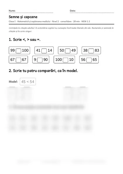 Prima pagină a fișei „Semne și capcane”, clasa I, nivelul 2