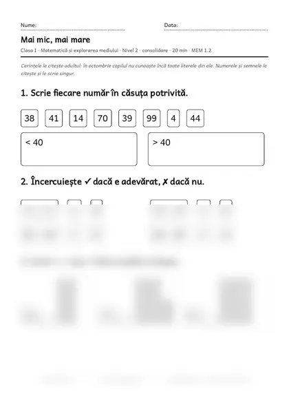 Prima pagină a fișei „Mai mic, mai mare”, clasa I, nivelul 2