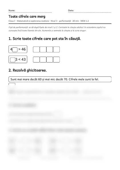 Prima pagină a fișei „Toate cifrele care merg”, clasa I, nivelul 3