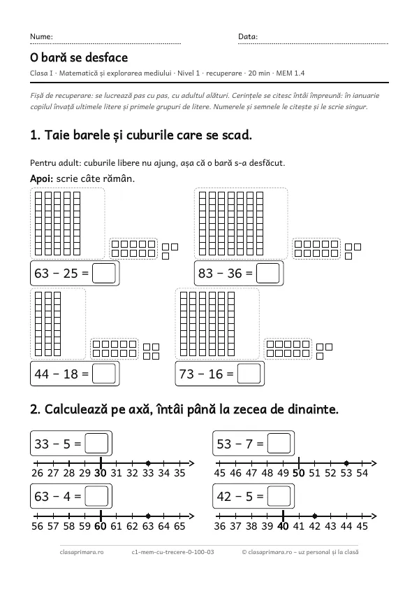 Prima pagină a fișei „O bară se desface”, clasa I, nivelul 1