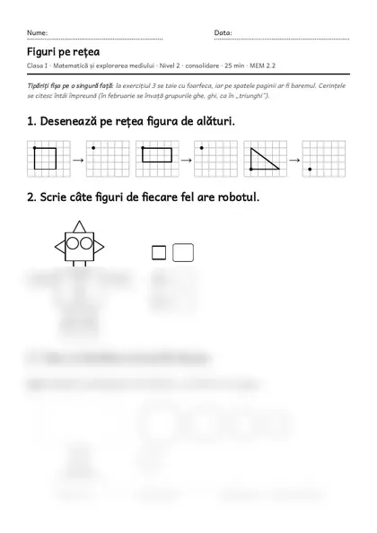 Prima pagină a fișei „Figuri pe rețea”, clasa I, nivelul 2