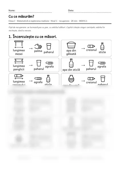Prima pagină a fișei „Cu ce măsurăm?”, clasa I, nivelul 1