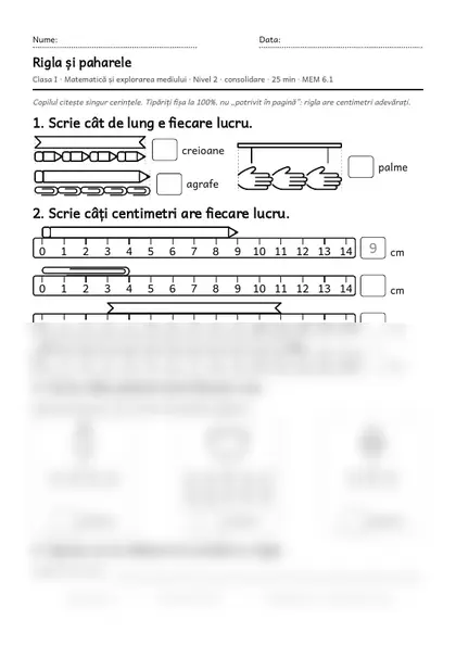 Prima pagină a fișei „Rigla și paharele”, clasa I, nivelul 2