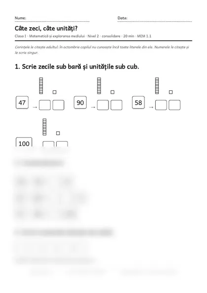 Prima pagină a fișei „Câte zeci, câte unități?”, clasa I, nivelul 2