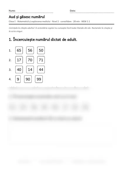 Prima pagină a fișei „Aud și găsesc numărul”, clasa I, nivelul 2