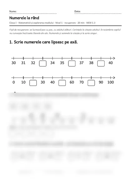 Prima pagină a fișei „Numerele la rând”, clasa I, nivelul 1