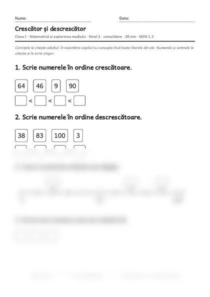 Prima pagină a fișei „Crescător și descrescător”, clasa I, nivelul 2