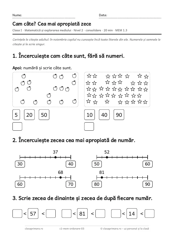 Prima pagină a fișei „Cam câte? Cea mai apropiată zece”, clasa I, nivelul 2