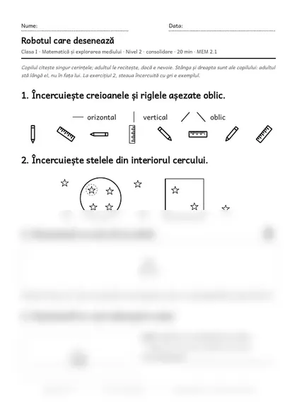 Prima pagină a fișei „Robotul care desenează”, clasa I, nivelul 2