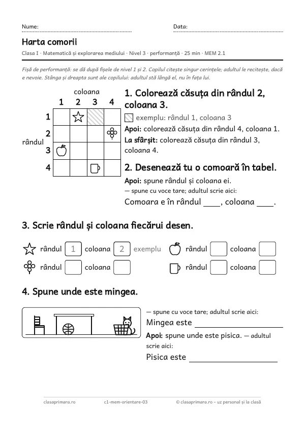 Prima pagină a fișei „Harta comorii”, clasa I, nivelul 3