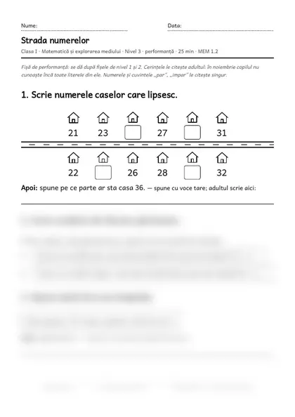 Prima pagină a fișei „Strada numerelor”, clasa I, nivelul 3