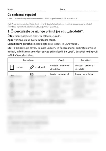 Prima pagină a fișei „Ce cade mai repede?”, clasa I, nivelul 3