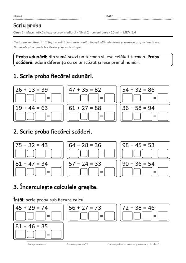 Prima pagină a fișei „Scriu proba”, clasa I, nivelul 2