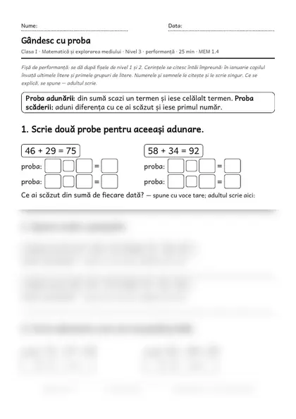 Prima pagină a fișei „Gândesc cu proba”, clasa I, nivelul 3