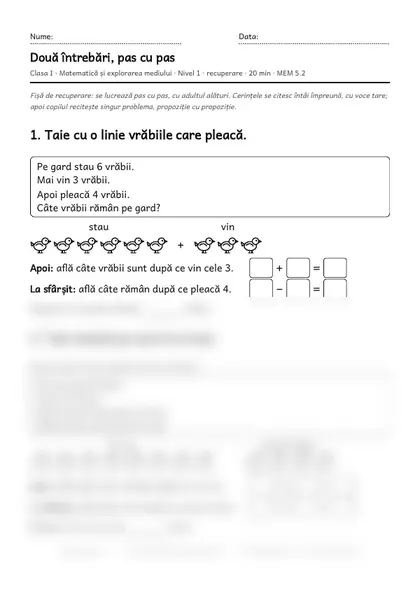 Prima pagină a fișei „Două întrebări, pas cu pas”, clasa I, nivelul 1