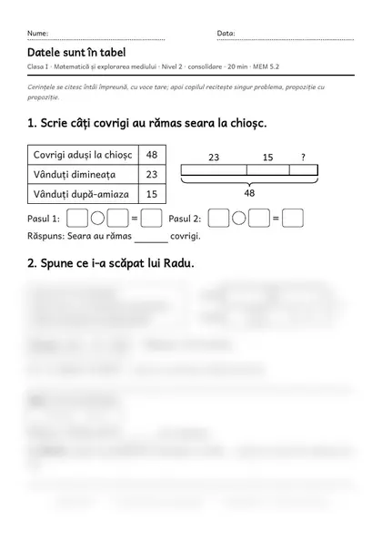 Prima pagină a fișei „Datele sunt în tabel”, clasa I, nivelul 2