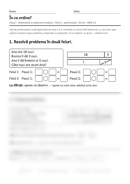 Prima pagină a fișei „În ce ordine?”, clasa I, nivelul 3