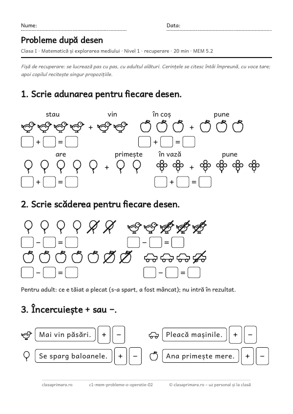 Prima pagină a fișei „Probleme după desen”, clasa I, nivelul 1