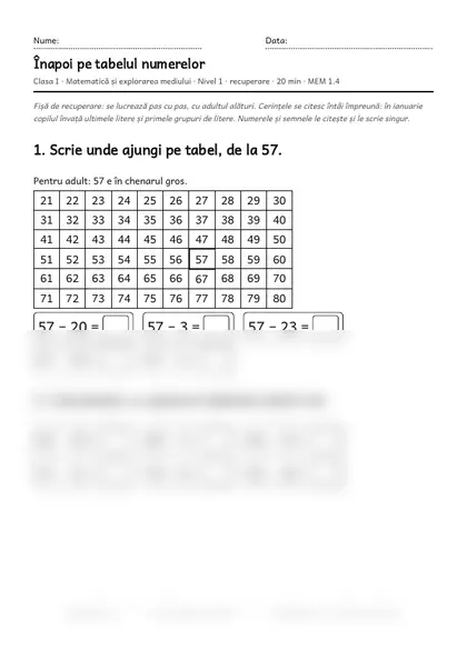 Prima pagină a fișei „Înapoi pe tabelul numerelor”, clasa I, nivelul 1