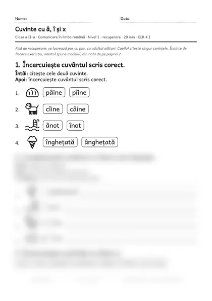 Prima pagină a fișei „Cuvinte cu â, î și x”, clasa a II-a, nivelul 1