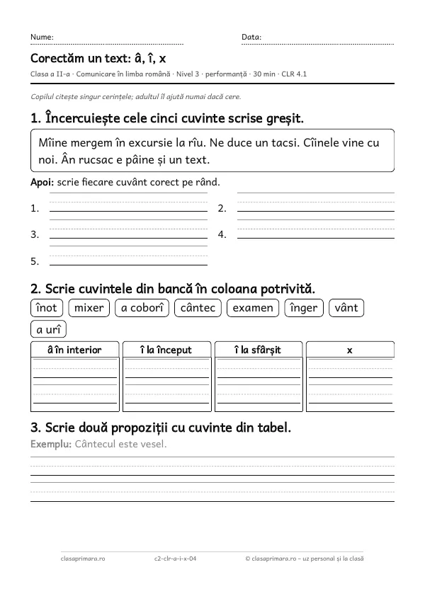Prima pagină a fișei „Corectăm un text: â, î, x”, clasa a II-a, nivelul 3