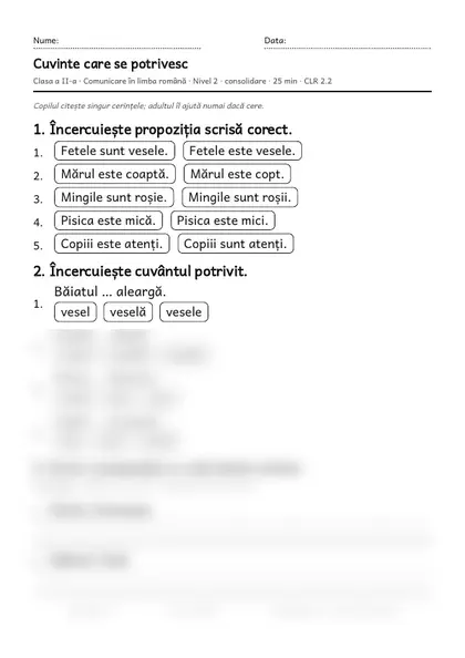 Prima pagină a fișei „Cuvinte care se potrivesc”, clasa a II-a, nivelul 2