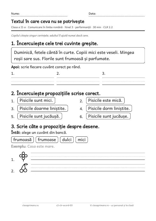 Prima pagină a fișei „Textul în care ceva nu se potrivește”, clasa a II-a, nivelul 3