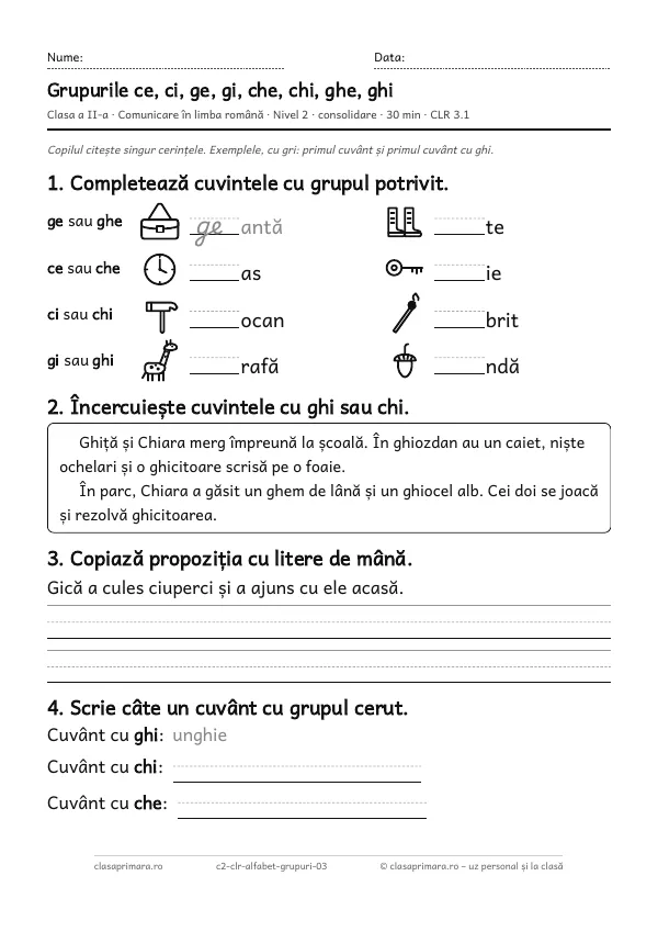 Prima pagină a fișei „Grupurile ce, ci, ge, gi, che, chi, ghe, ghi”, clasa a II-a, nivelul 2